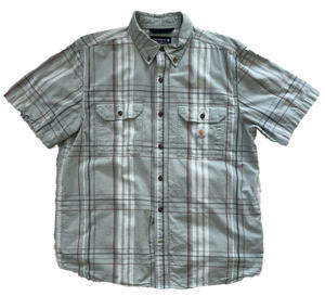 Carhartt Mens Large Loose Fit Short Sleeve Button Up Shirt Cotton Green Plaid